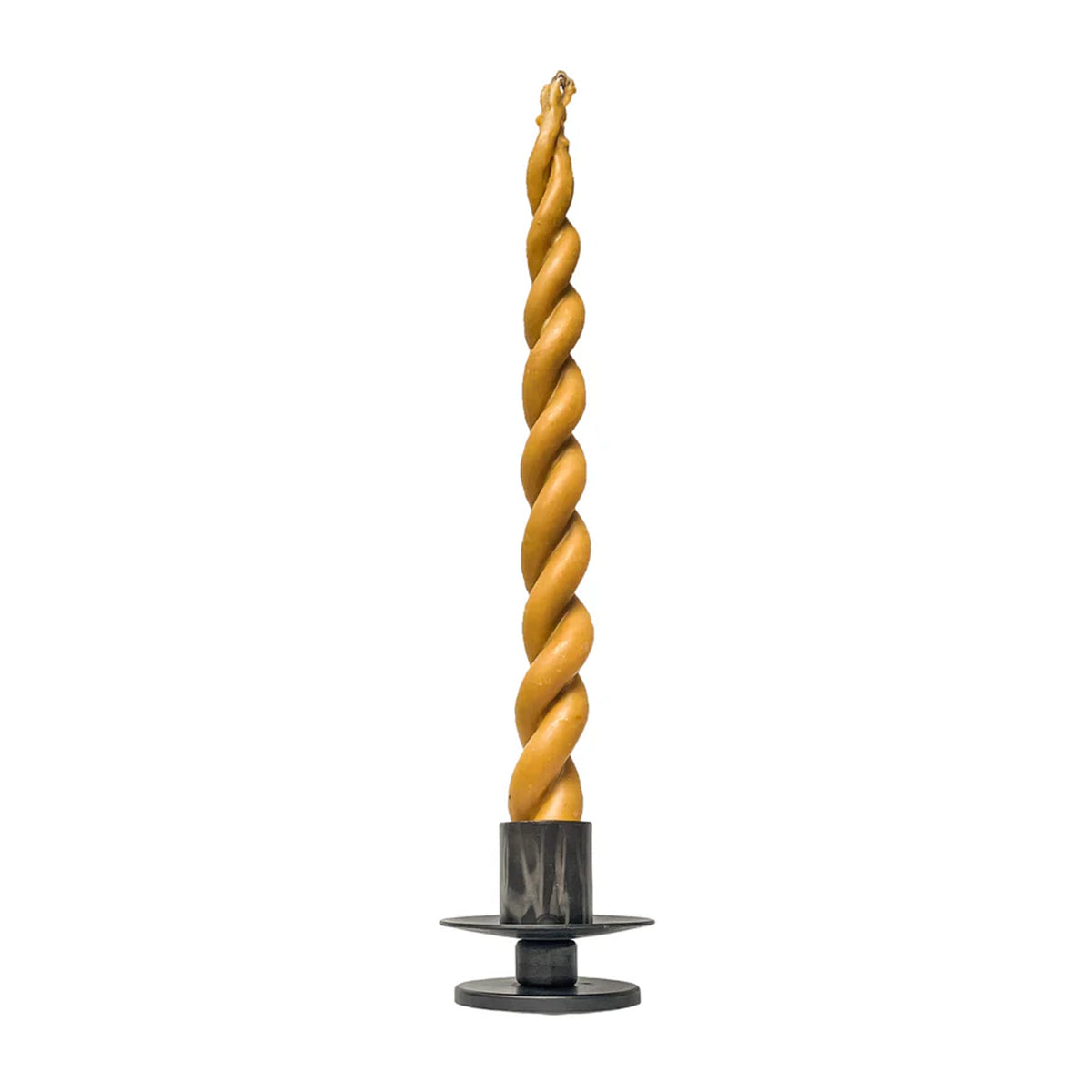 Front view of the Urbino Colossal Footed Candleholder showcasing its blackened wrought iron footed design with a twisted candle