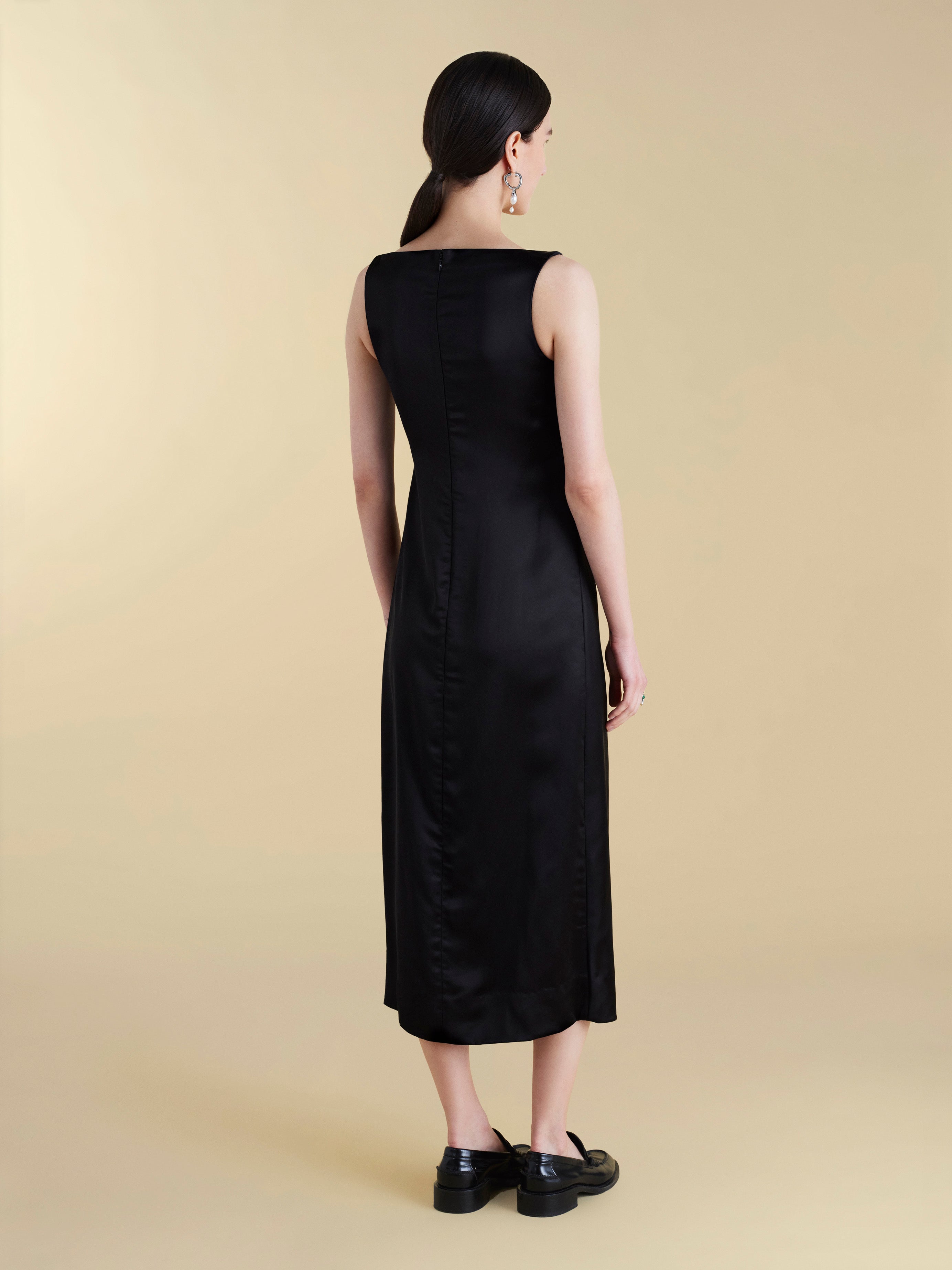 Satin V-Neck Twist Dress in Black