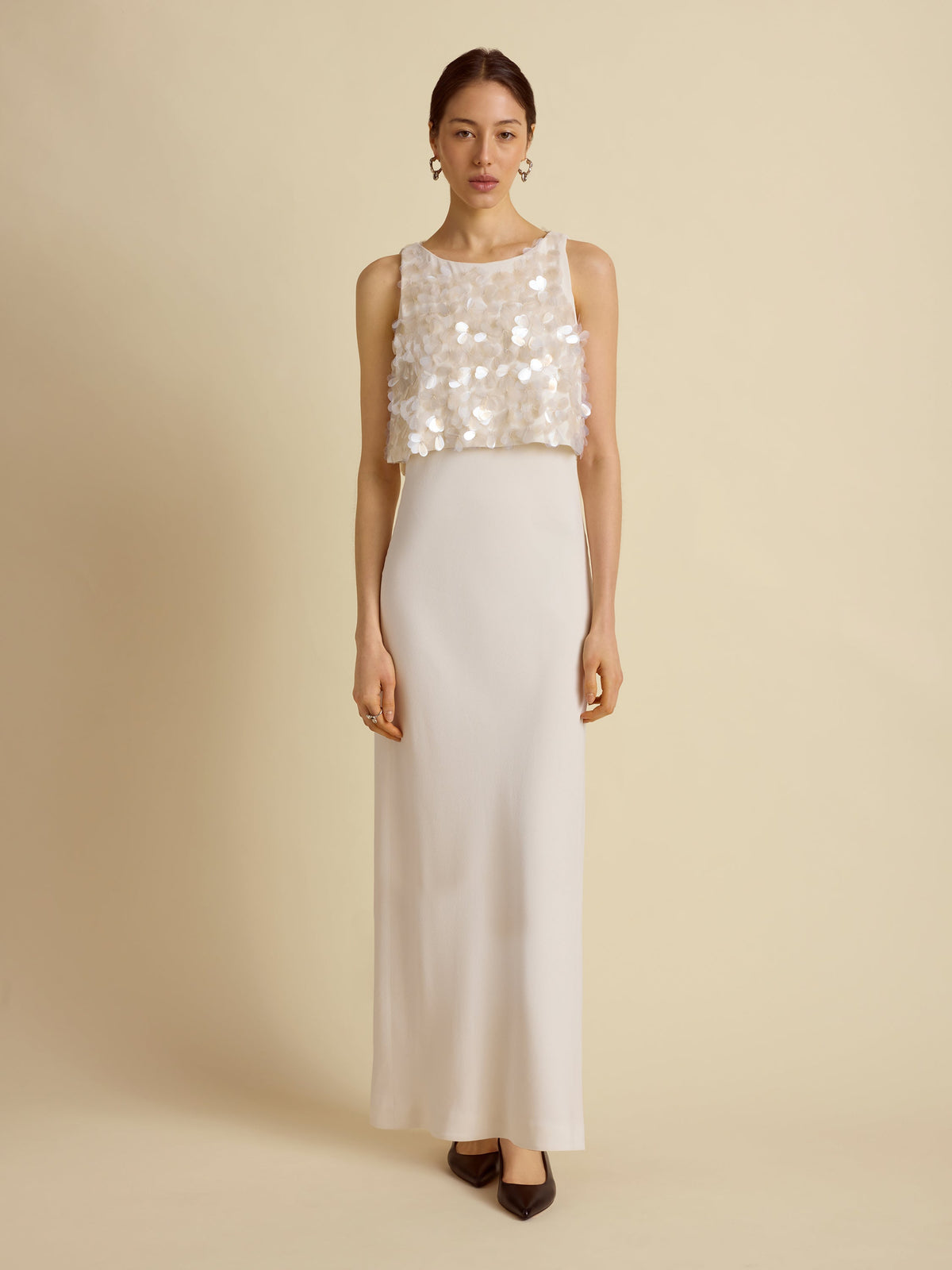 Front view of Paillette Bias Dress in ivory worn by model showing paillettes at bust and slim bias cut on neutral background