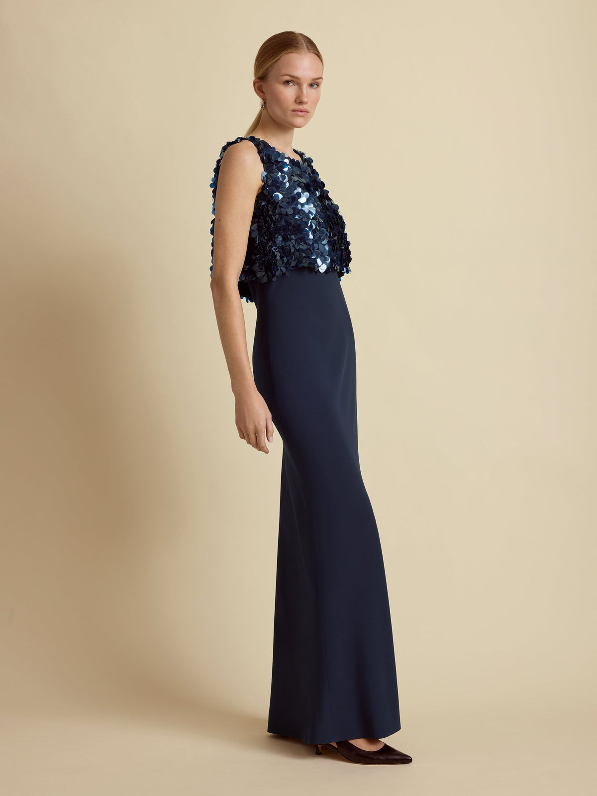 Paillette Bias Dress in Navy