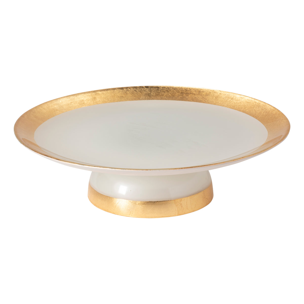 Front view of Camilla Collection Glass Band Footed Plate in Gold showing gleaming gold rim and sculptural footed base