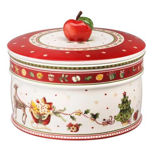 Three-quarter view of Winter Bakery Delight large pastry box showing red lid with apple knob and festive Christmas illustrations on white background