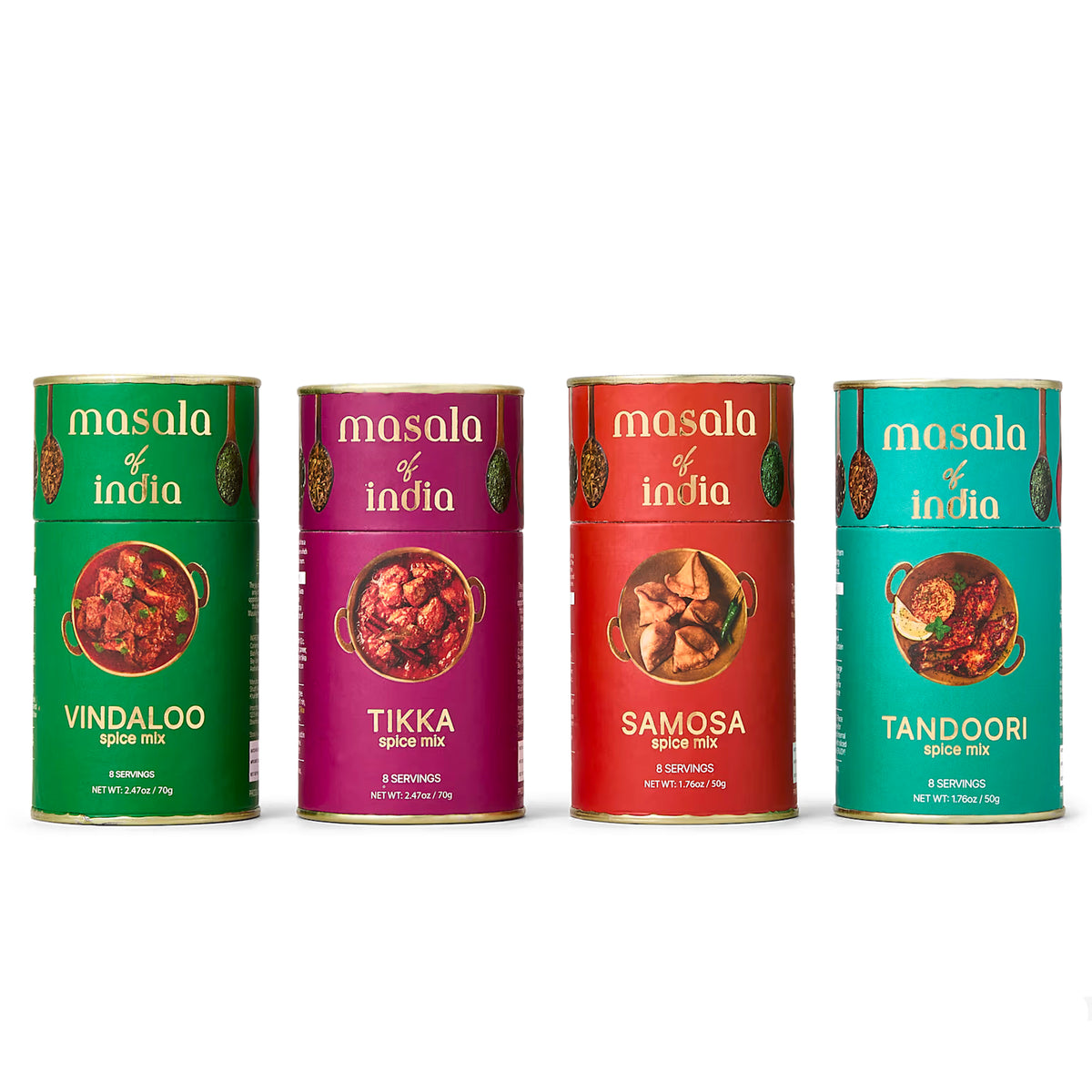 Front view of Masala Spices of India Gift Box with Vindaloo, Tikka, Samosa, and Tandoori tins on a white background