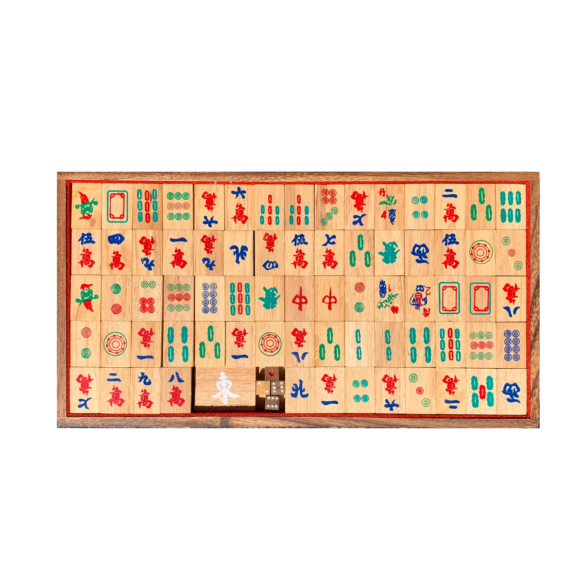 Top down view of Chinese mahjong set with handmade wooden tiles in wooden box on white background