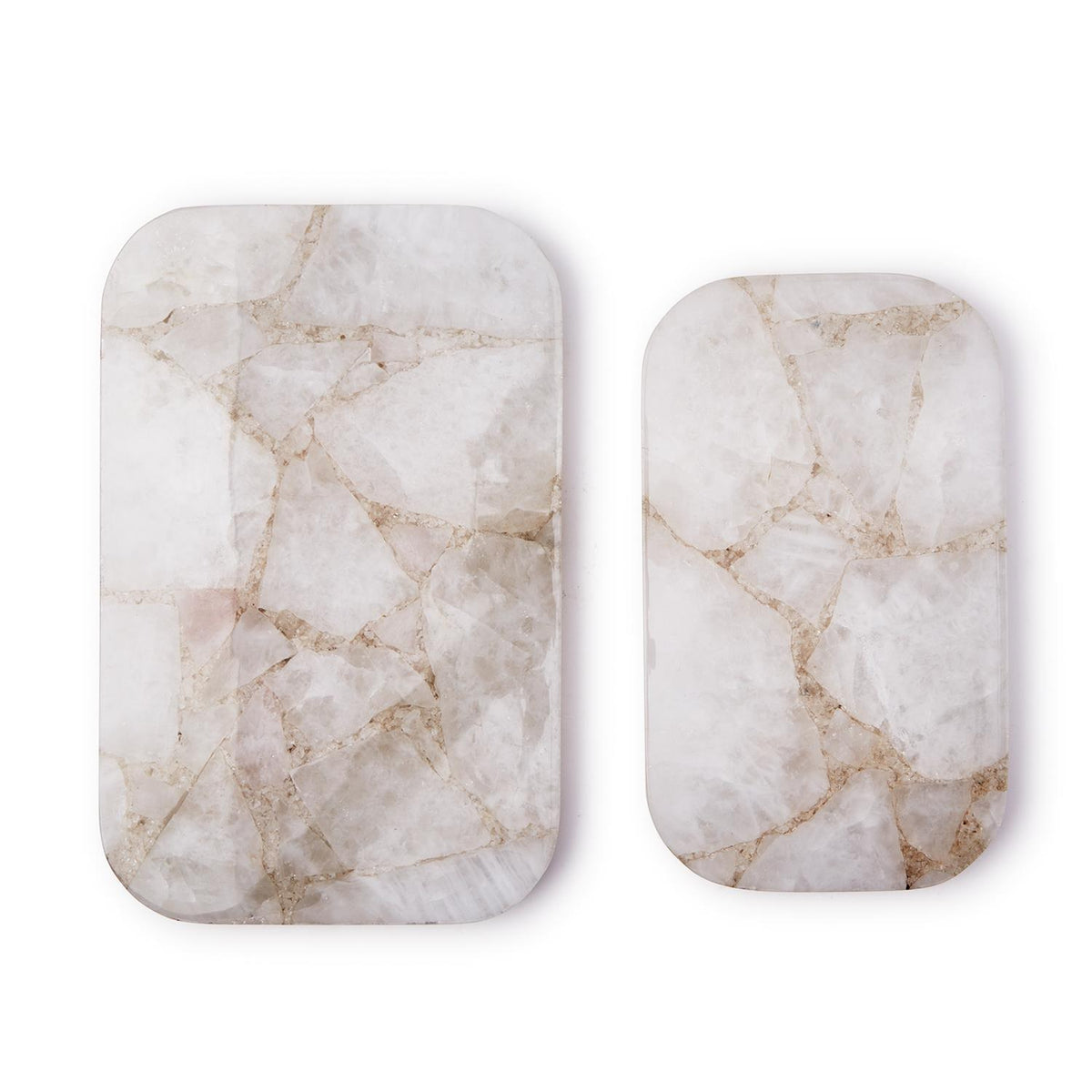 White Quartz Round Edge w Silver Feet Tray, Set of 2