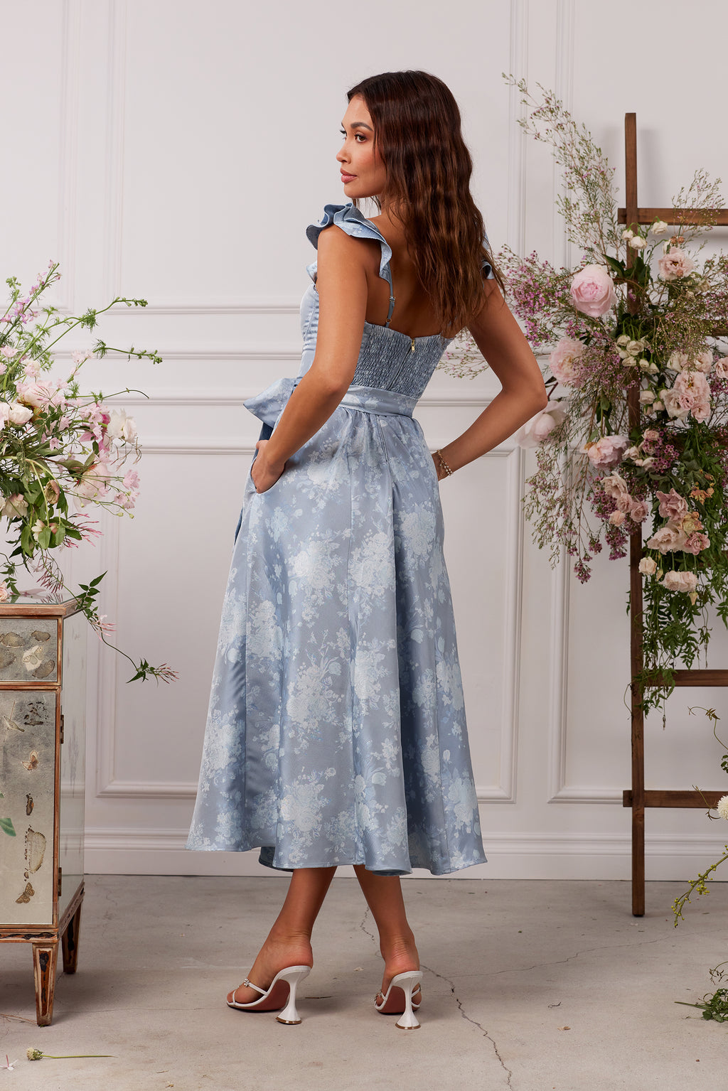 denim dress windsor Denim 3/4 Sleeve Tied V-Neck Pleated Mini Dress – Charming Charlie main image 1