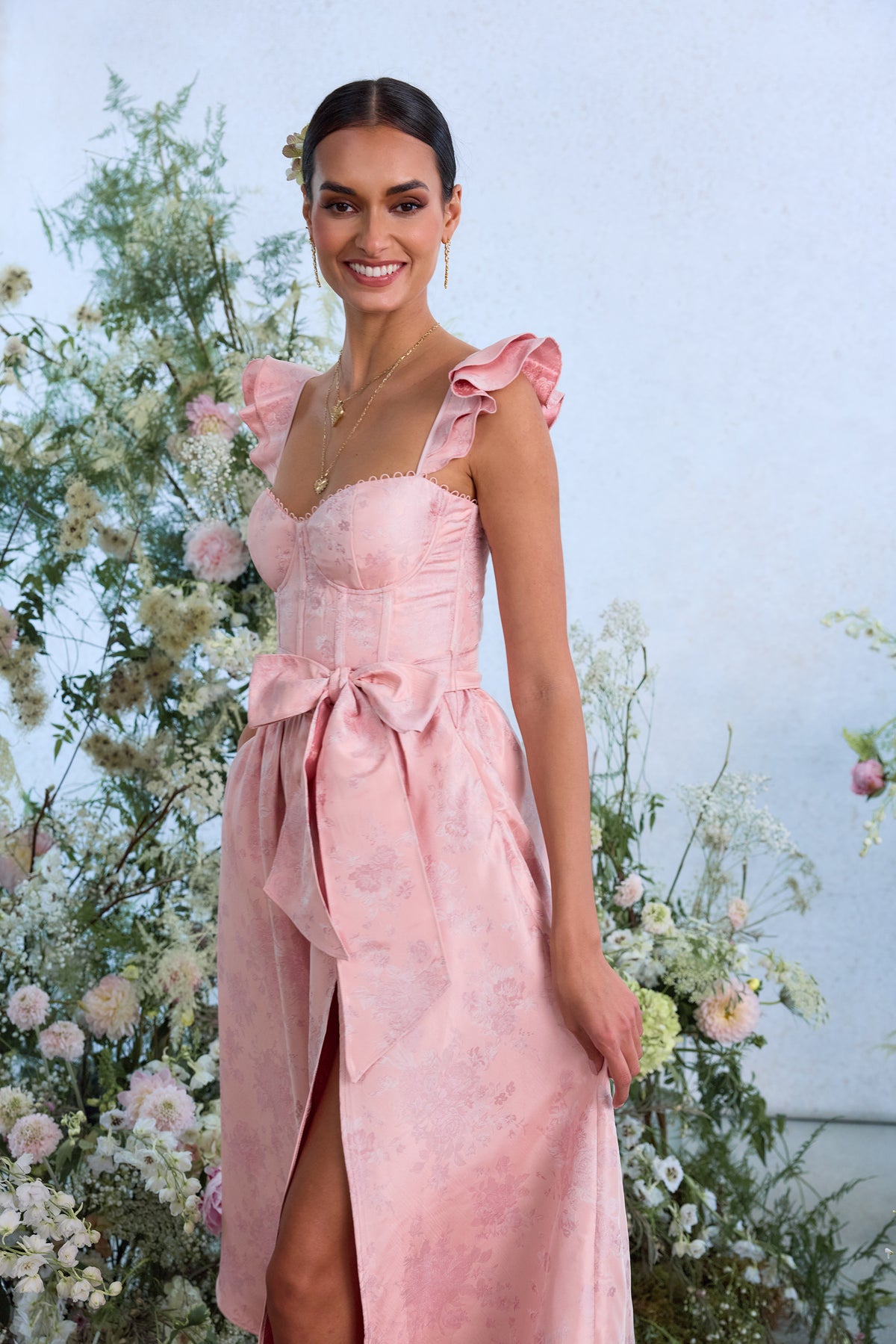 The Vera Dress in Light Pink Windsor Brocade