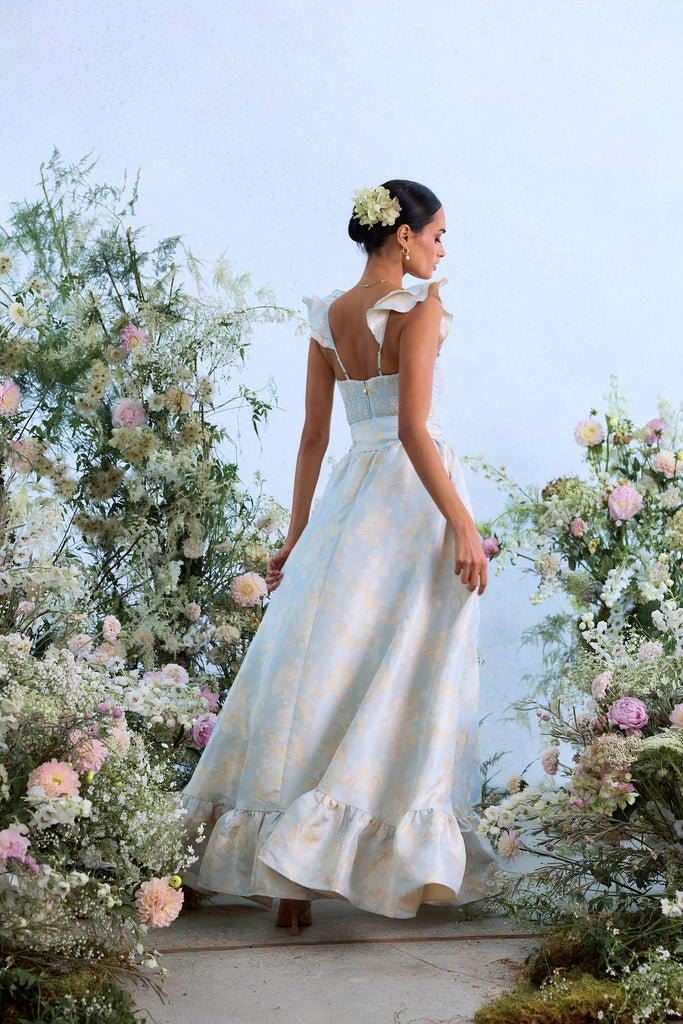 The Veronica Dress in Sky Windsor Brocade | Over The Moon The Veronica Dress in Sky Windsor Brocade | Over The Moon
