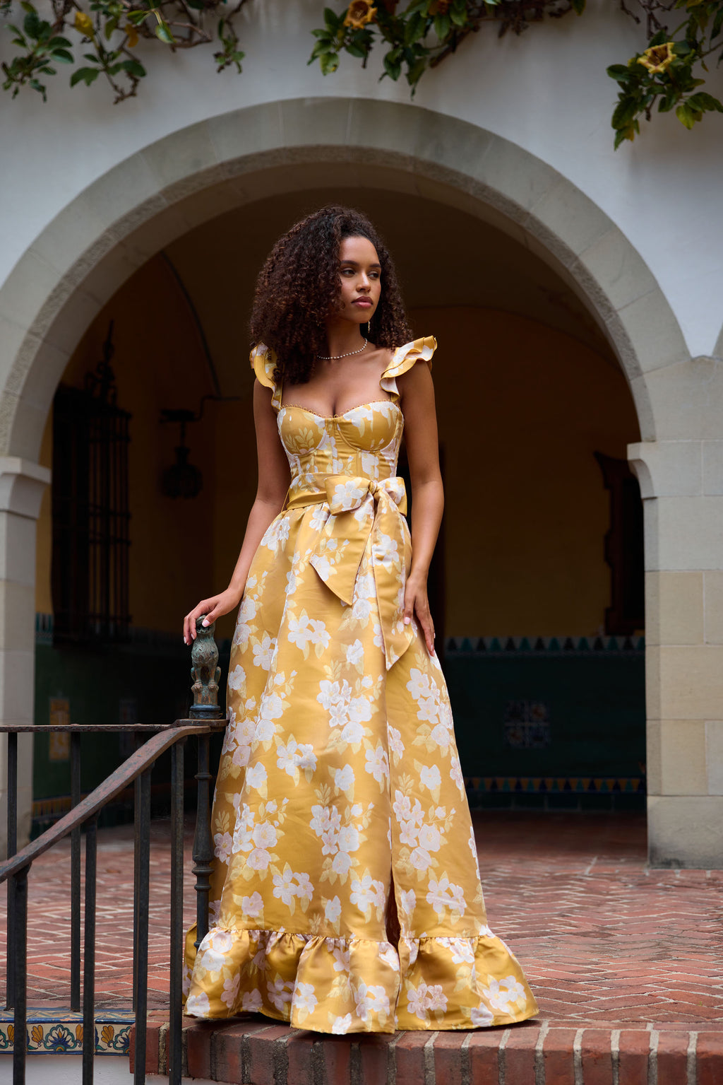 The Veronica Dress in Gold Baroque Floral The Veronica Dress in Gold Baroque Floral
