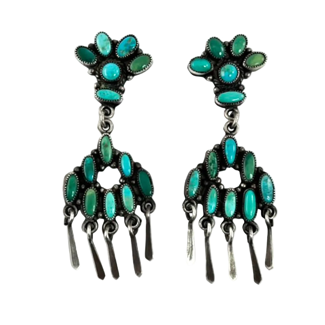 Front view of vintage Zuni earrings showcasing American turquoise set in sterling silver on a white background
