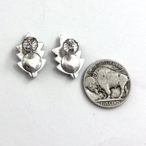 Close-up of Small Turquoise Leaf Stud Earrings showing sterling silver leaf designs and Sleeping Beauty turquoise on white