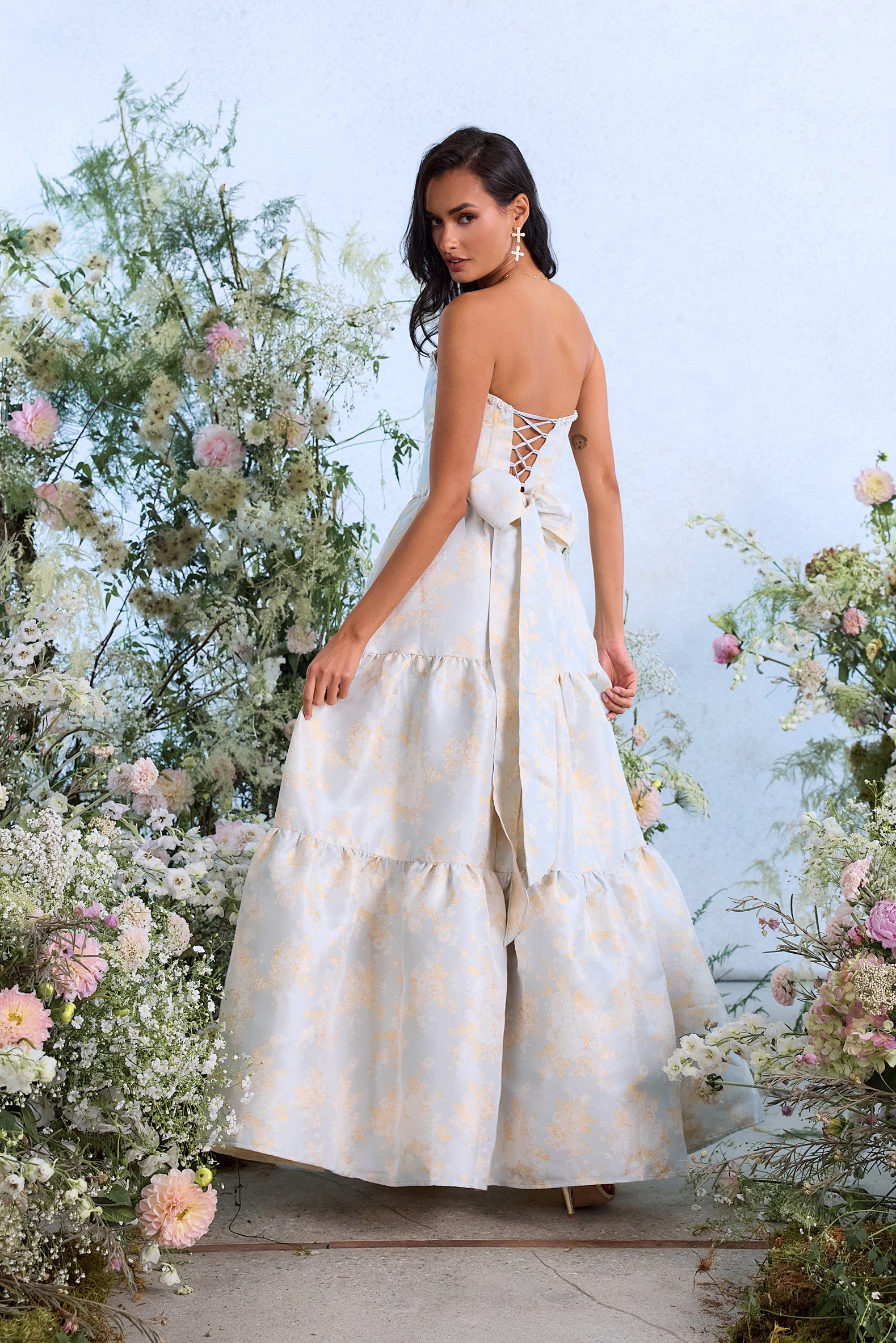 The Vivian Dress in Sky Windsor Brocade | Over The Moon