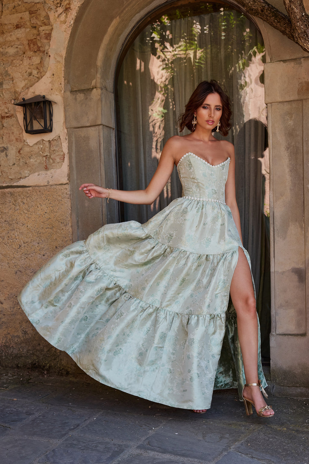 The Vivian Dress in Sage Windsor Brocade US 00 / Sage Windsor Brocade The Vivian Dress in Sage Windsor Brocade US 00 / Sage Windsor Brocade