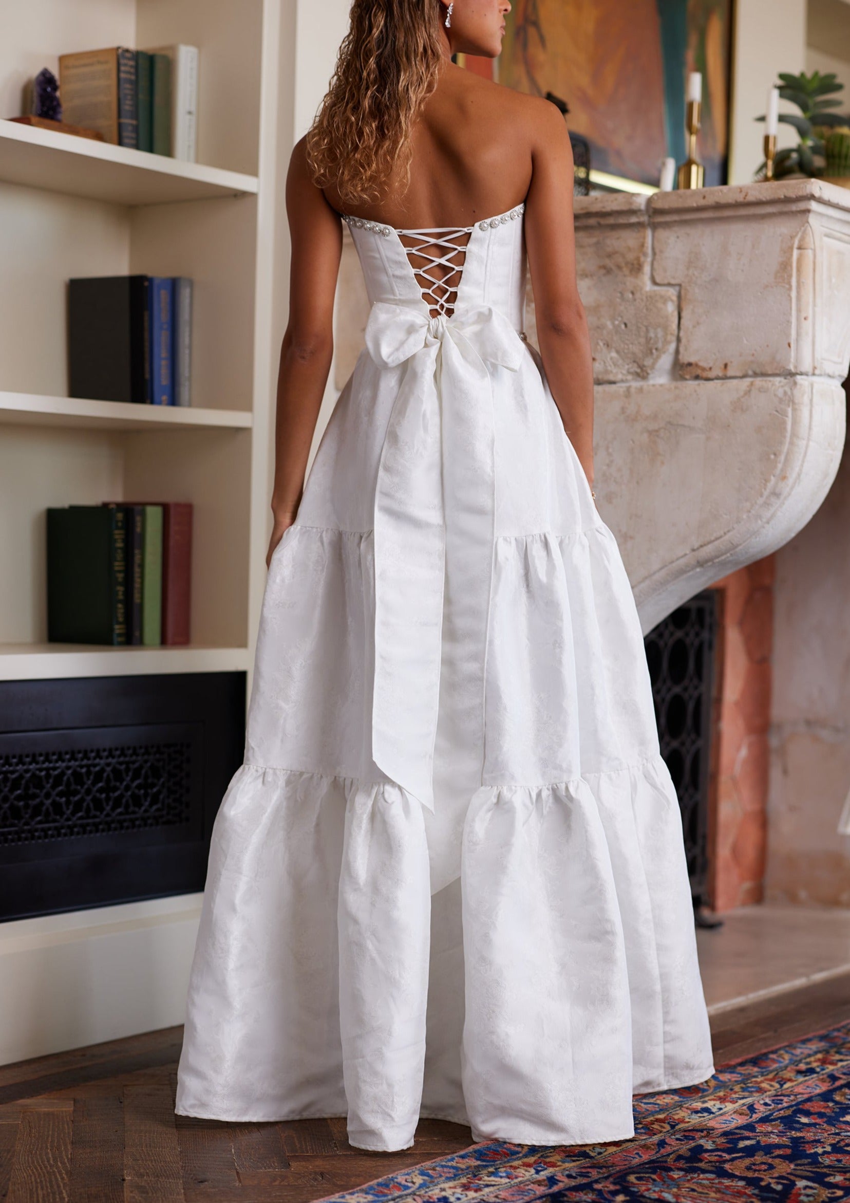 The Vivian Dress in White Windsor Brocade | Over The Moon
