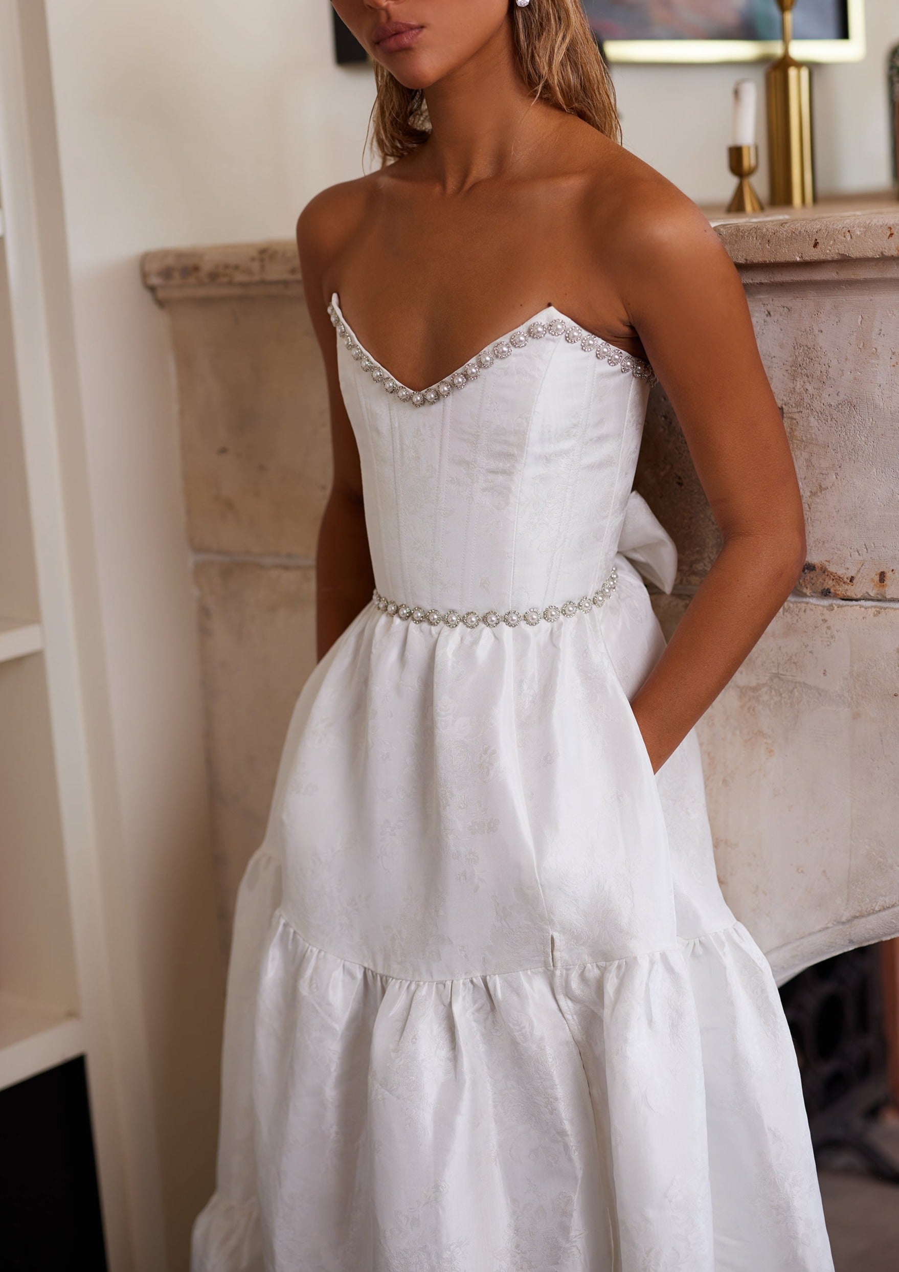 The Vivian Dress in White Windsor Brocade | Over The Moon