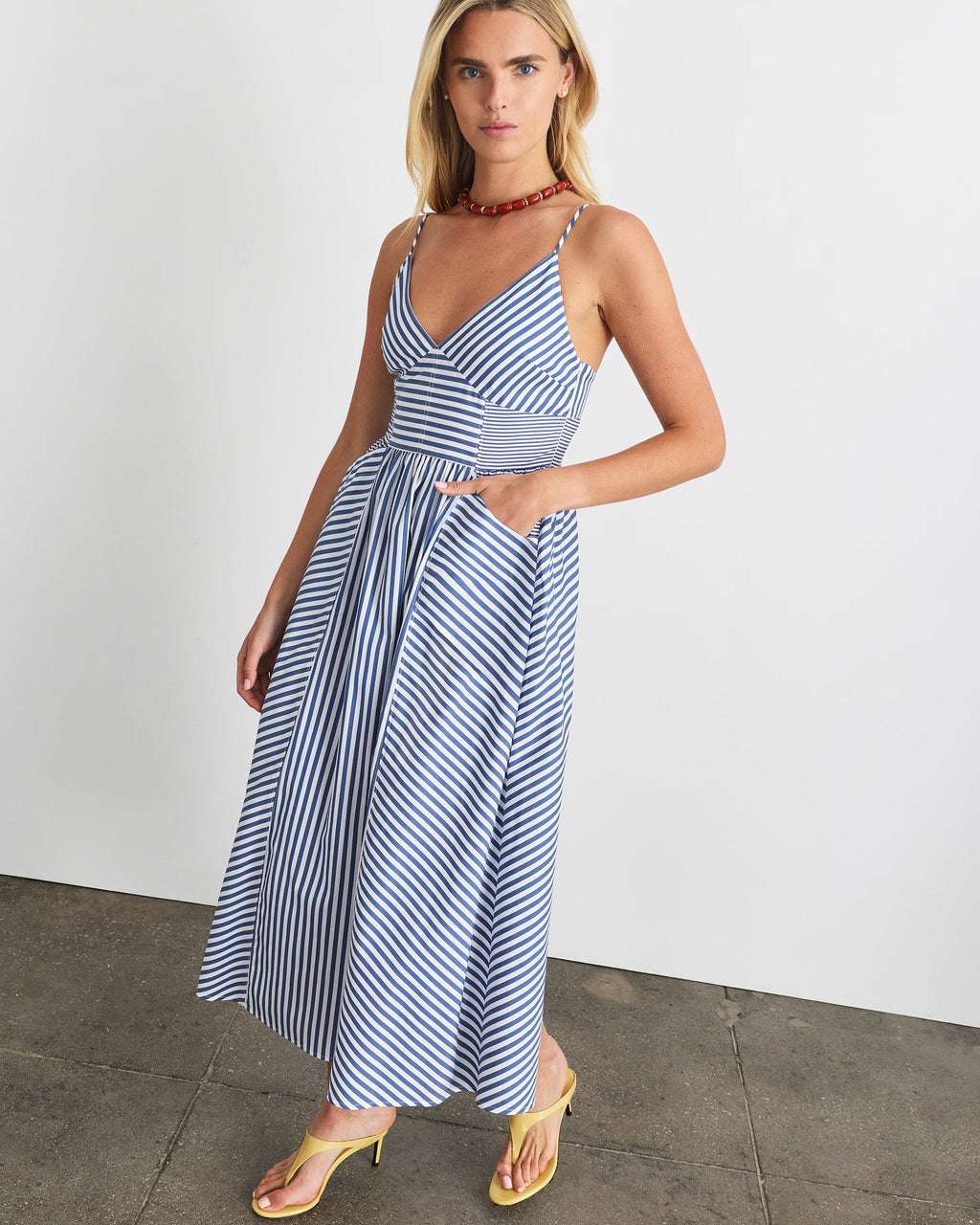 Vivien Dress in Optic White/French Blue Stripe