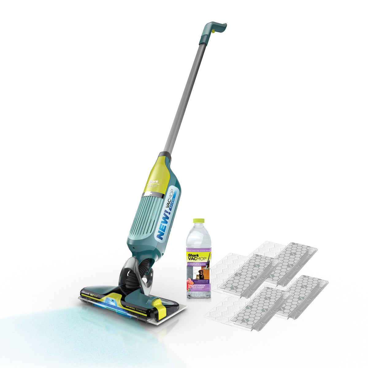 Three-quarter view of Shark VACMOP Reveal cordless vacuum mop with disposable pads and solution bottle on white background