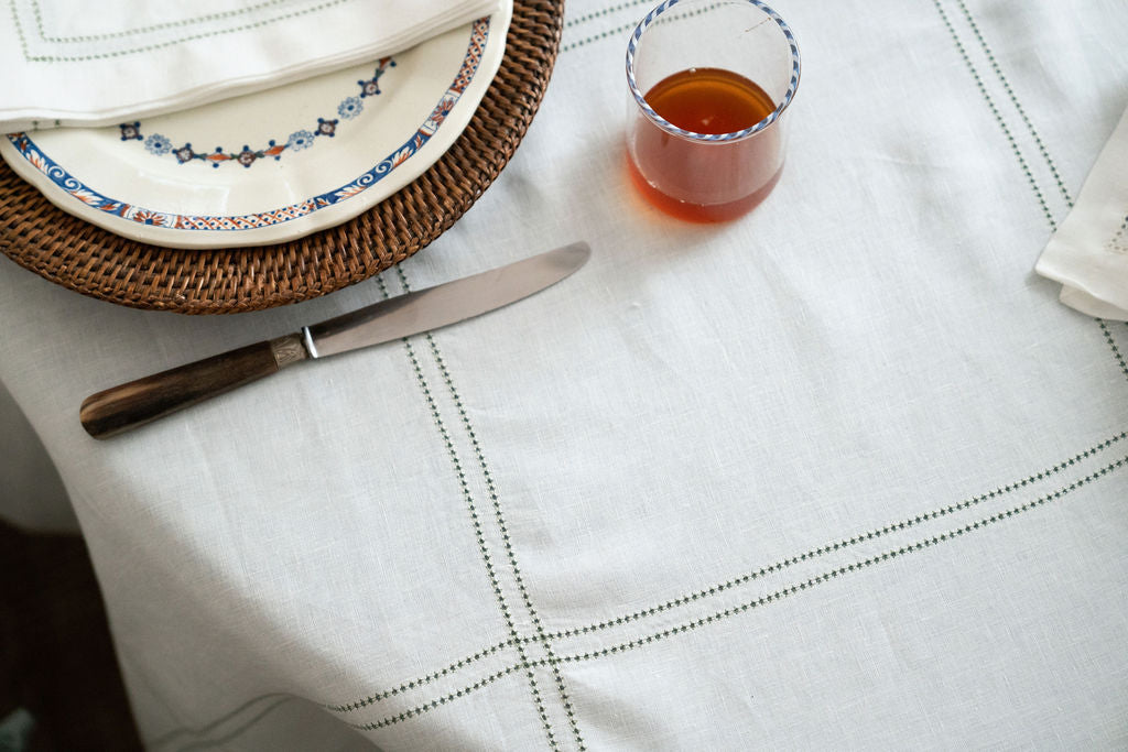 Botanical Green Double Hemstitch Check Tablecloth