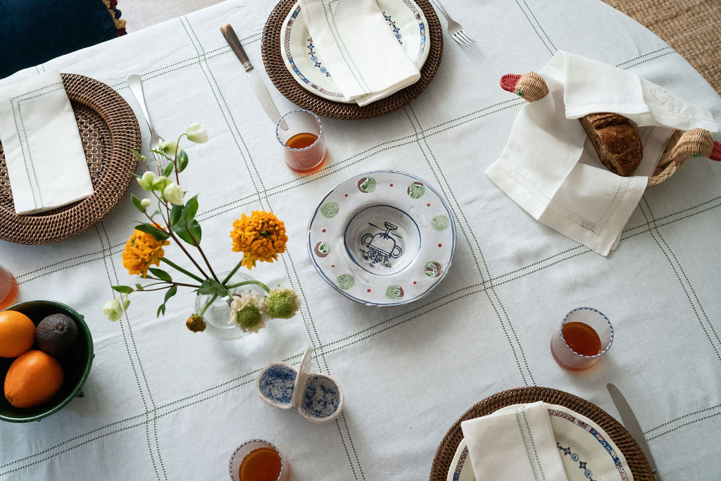 Botanical Green Double Hemstitch Check Tablecloth