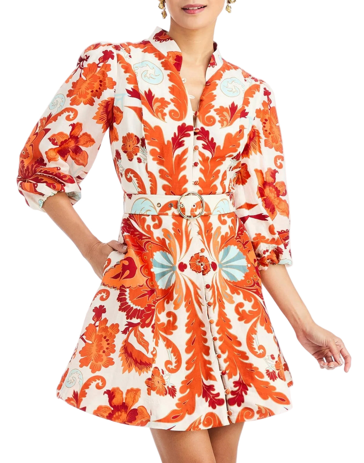 Front - Valencia Mini Dress in Rossa Waltz – fit-and-flare cocktail dress with mandarin collar, balloon sleeves, belt, and flared hem