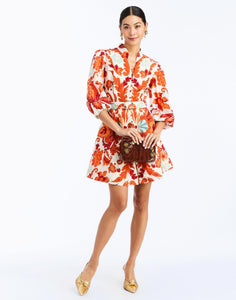 Full body - Valencia Mini Dress in Rossa Waltz – fit-and-flare cocktail dress with mandarin collar, balloon sleeves, belt, and flared hem