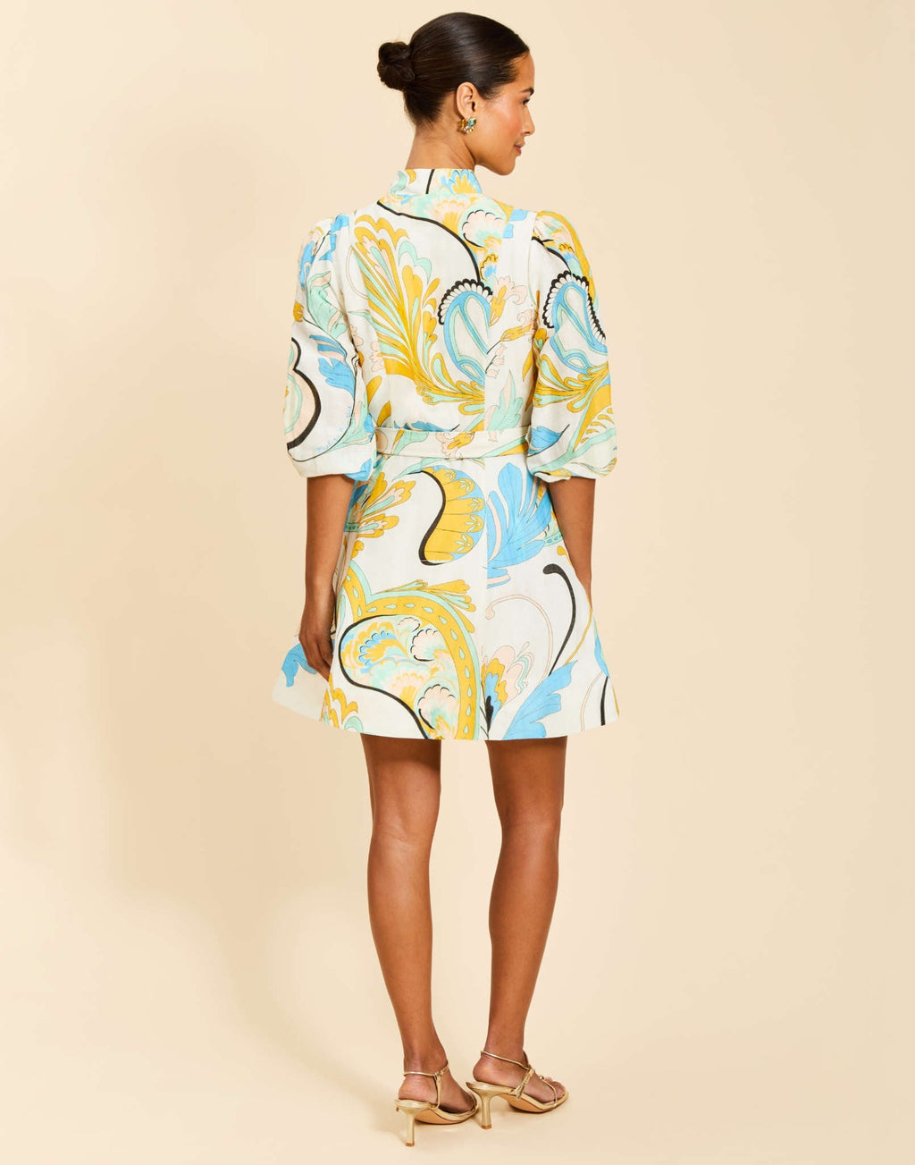 Valencia Mini Dress in Marble Rhapsody linen organza with mandarin collar, balloon sleeves, removable belt, and side pockets.