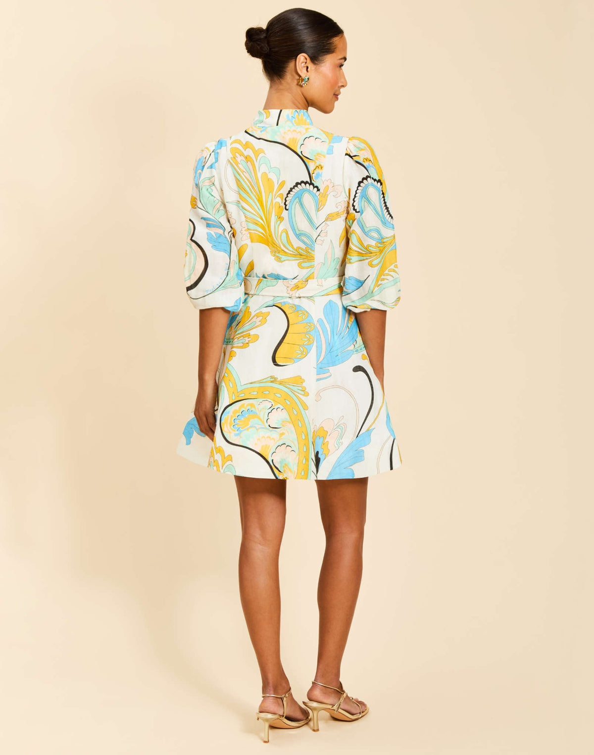 Valencia Mini Dress in Marble Rhapsody linen organza with mandarin collar, balloon sleeves, removable belt, and side pockets.