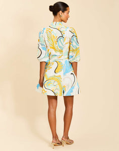 Valencia Mini Dress in Marble Rhapsody linen organza with mandarin collar, balloon sleeves, removable belt, and side pockets.