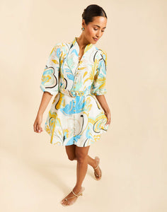 Valencia Mini Dress in Marble Rhapsody linen organza with mandarin collar, balloon sleeves, removable belt, and side pockets.