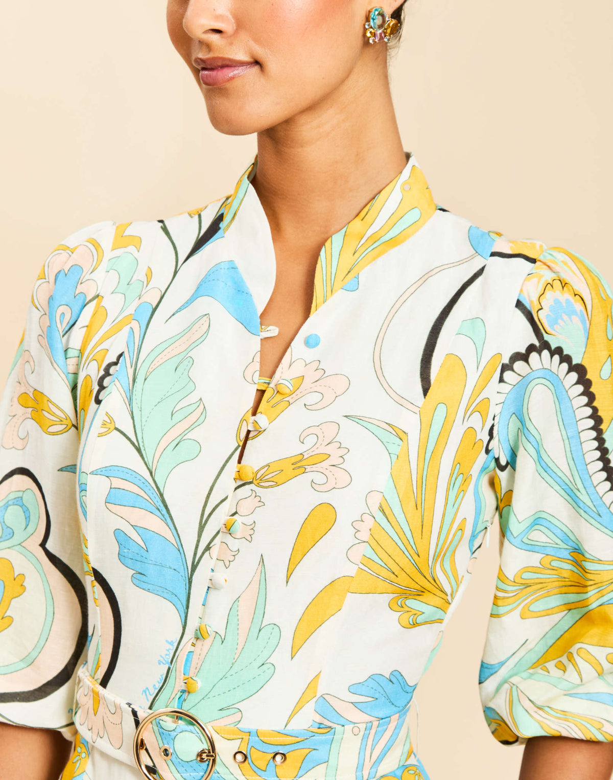 Valencia Mini Dress in Marble Rhapsody linen organza with mandarin collar, balloon sleeves, removable belt, and side pockets.