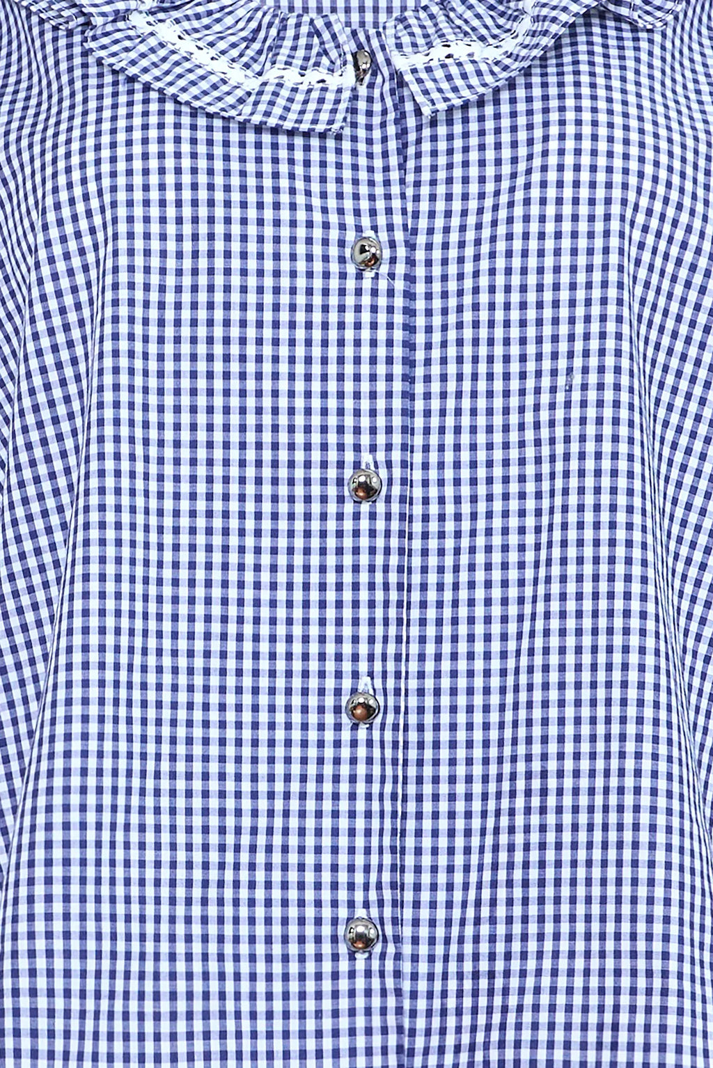 Close up of the Valene Blouse in Checkmate Navy. 