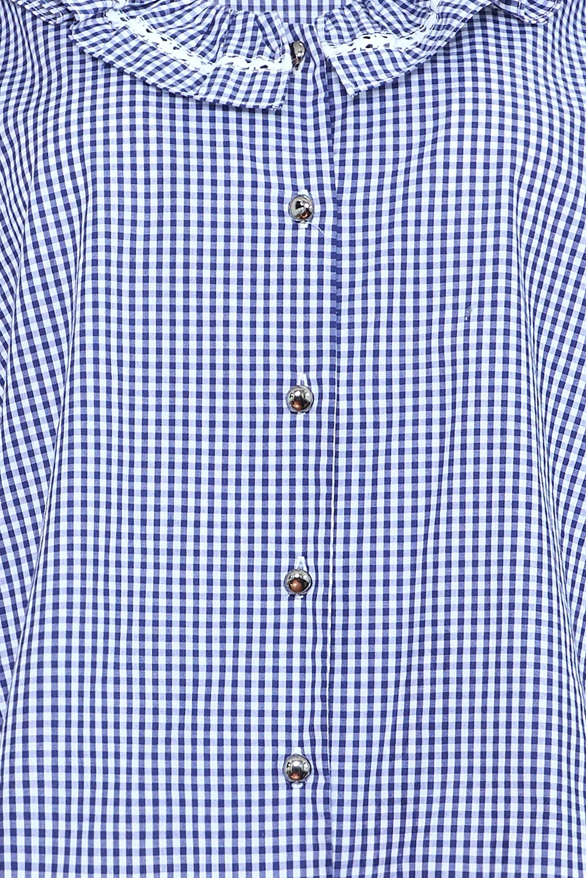 Close up of the Valene Blouse in Checkmate Navy. 