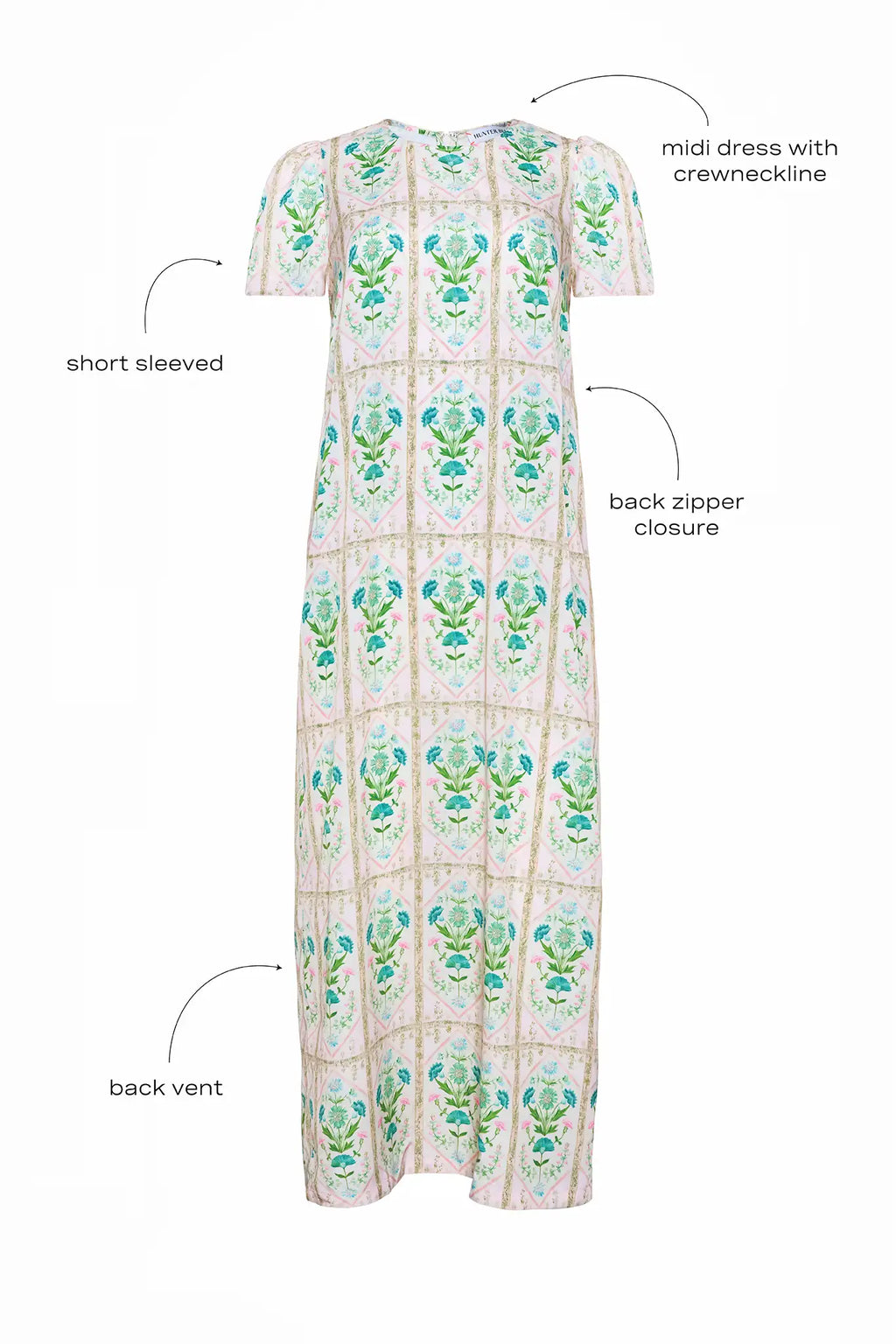 The Valerie Dress in Pink Trellis with call outs.