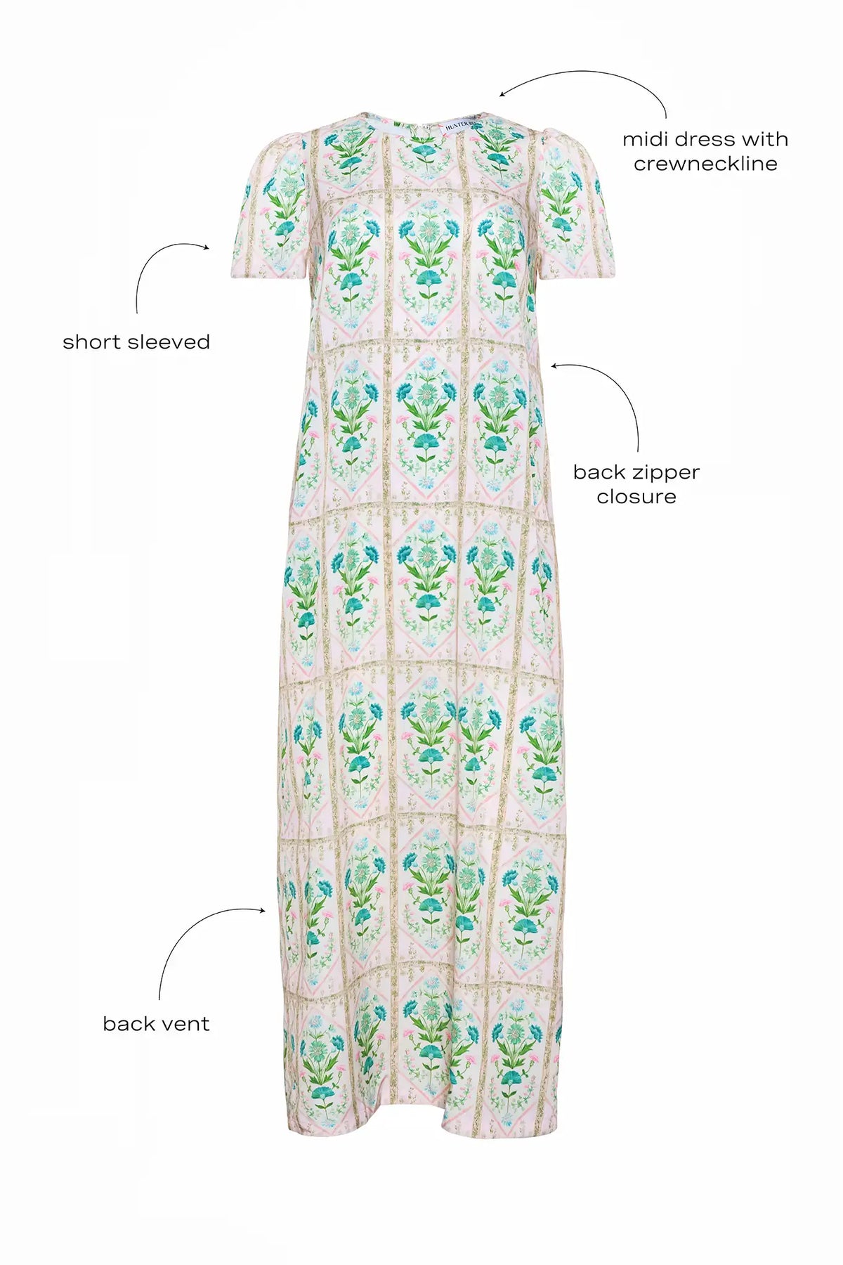 The Valerie Dress in Pink Trellis with call outs.