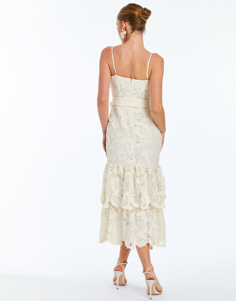 Vanessa Lace Convertible Bow Midi Dress in Ivory