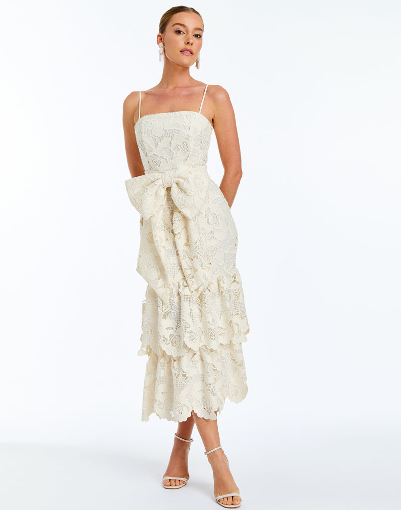 Vanessa Lace Convertible Bow Midi Dress in Ivory | Over The Moon