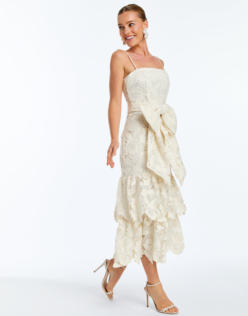 Vanessa Lace Convertible Bow Midi Dress in Ivory