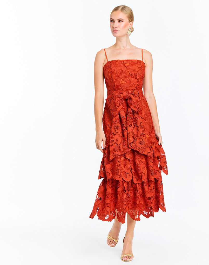 Vanessa Convertible™ Bow Midi Dress in Red Lace