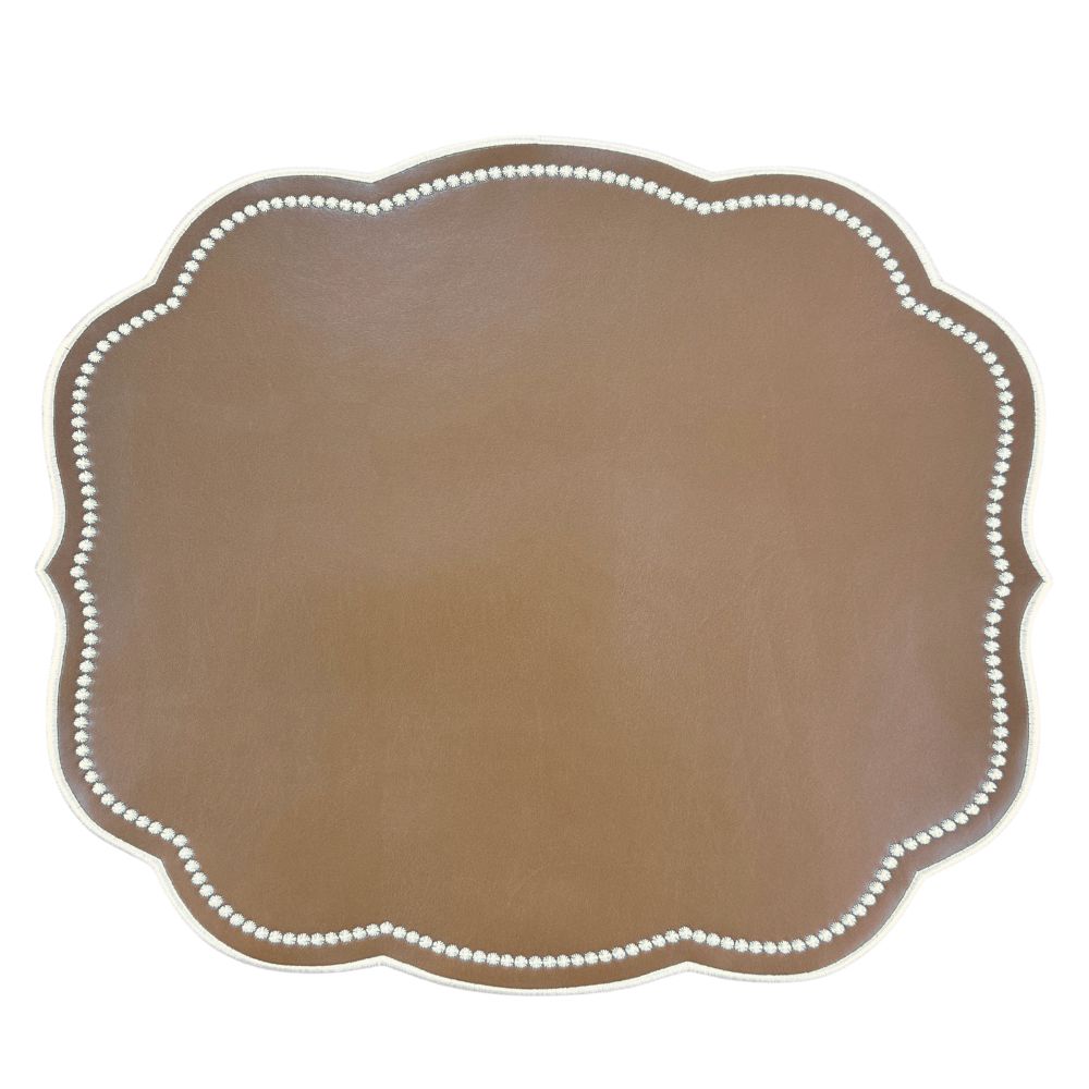Vegan leather Brown scalloped-edge placemat with white trim on a white background
