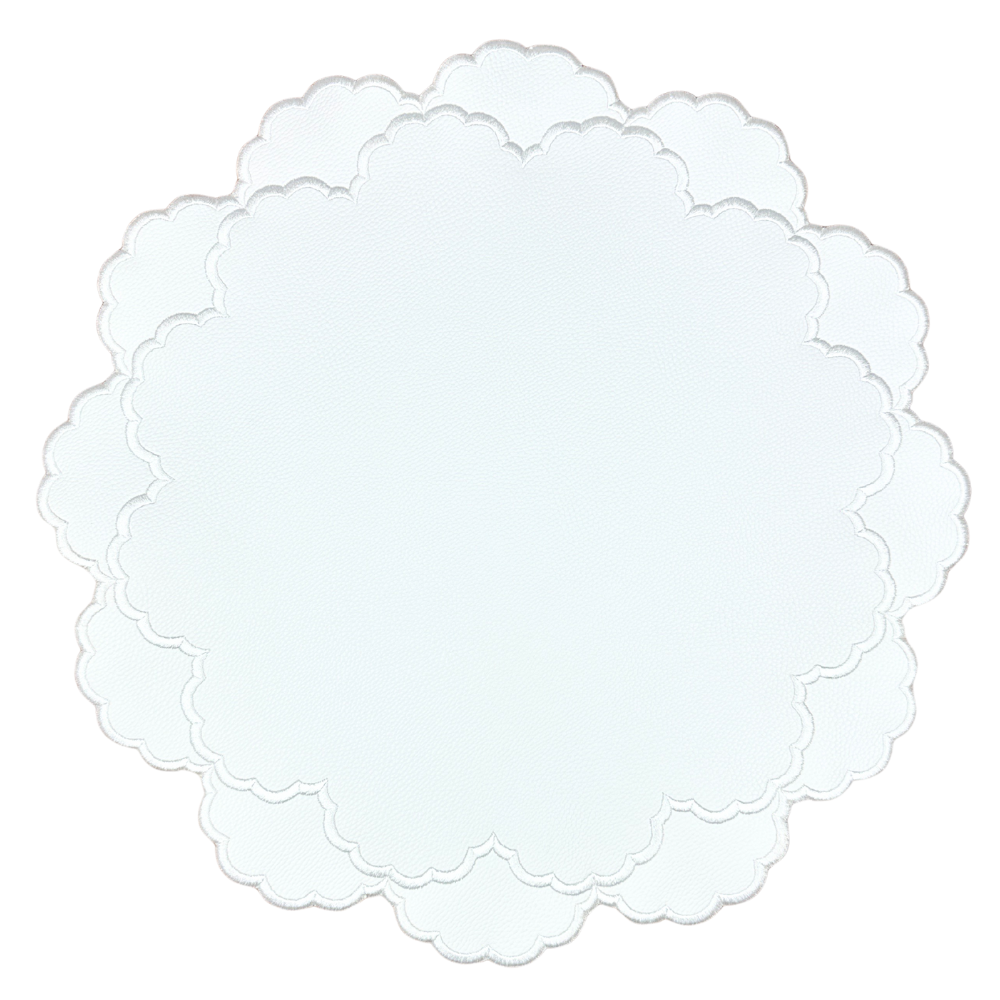 white vegan leather luxury placemat with white embroidery
