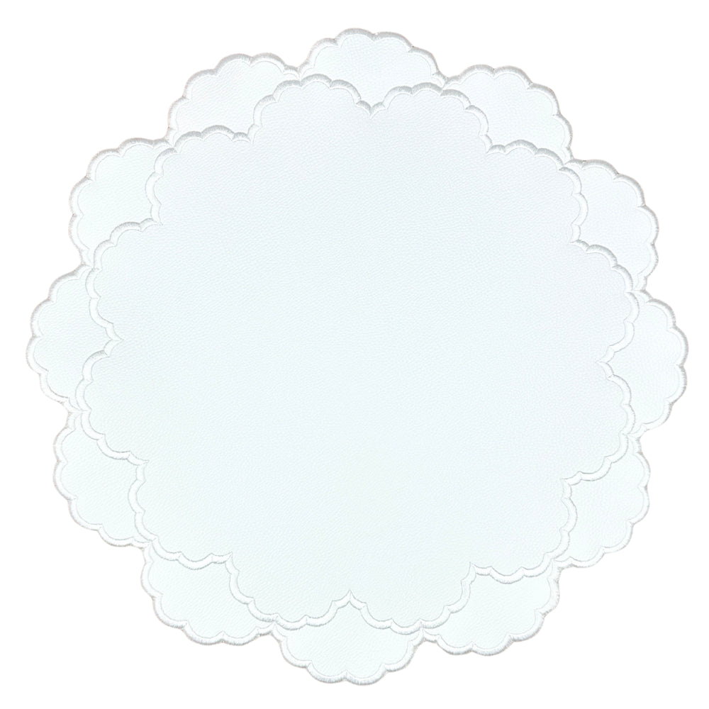 white vegan leather luxury placemat with white embroidery