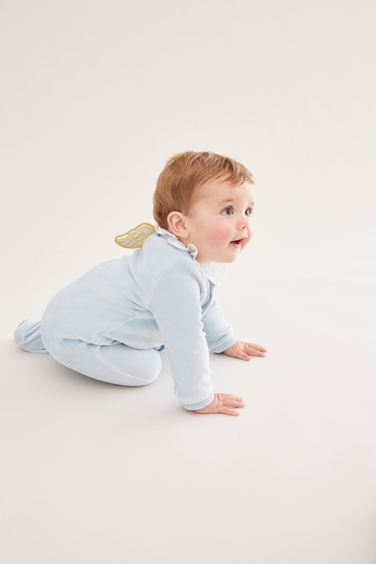 Velour Angel Wing Sleepsuit in Gold & Dusty Blue