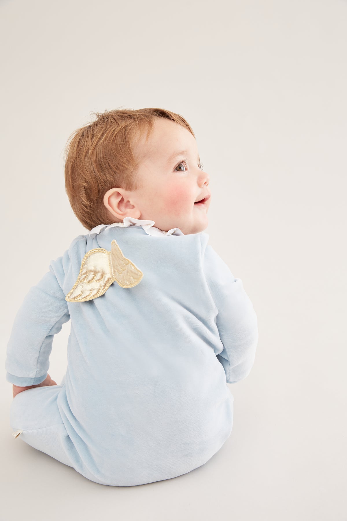 Velour Angel Wing Sleepsuit in Gold & Dusty Blue