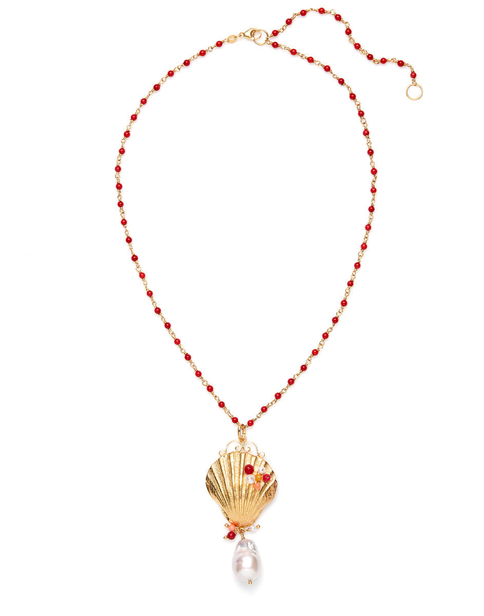 Front of Venus Shell Pendant in ruby showing gold scallop shell with red coral and pearls and baroque pearl on beaded chain