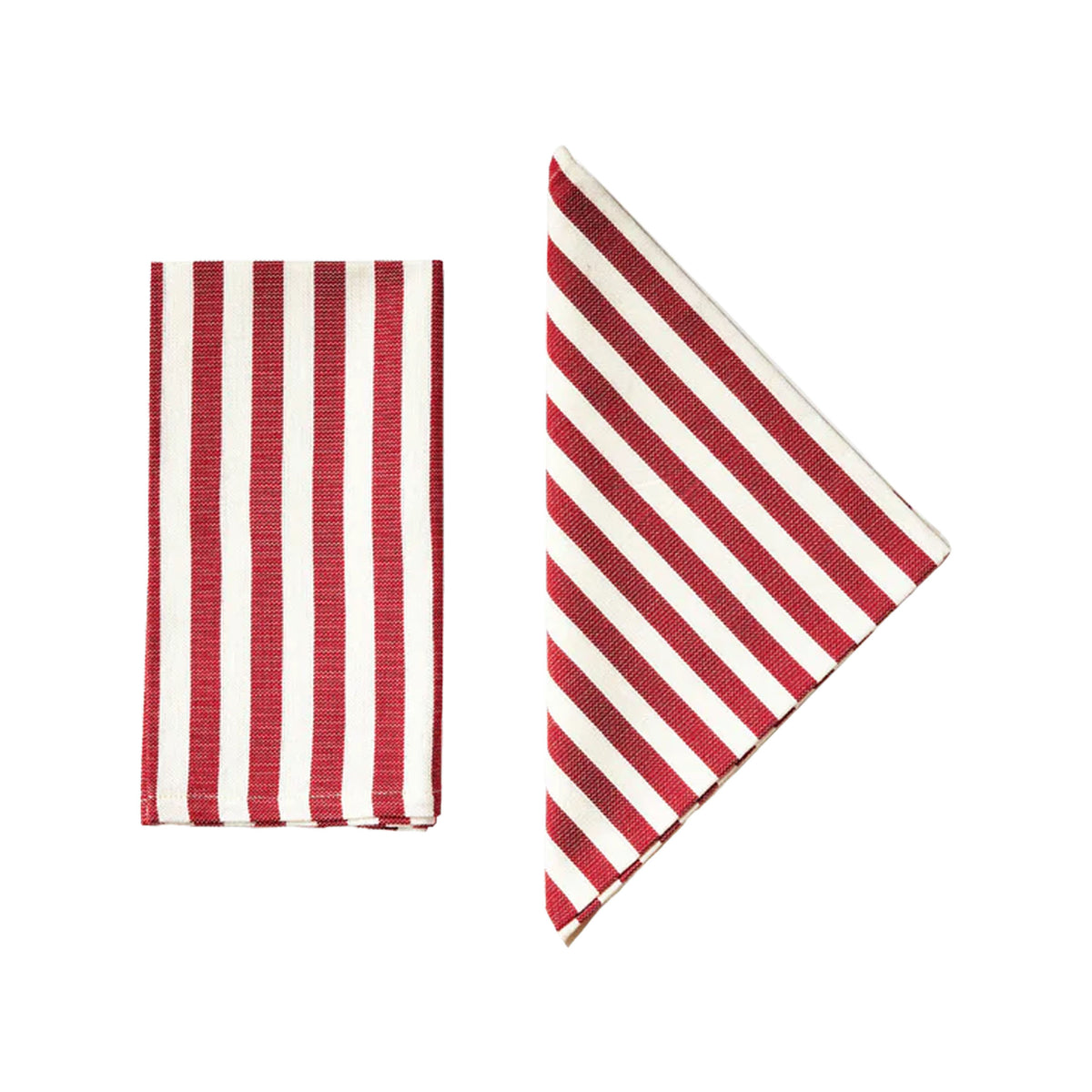 Front and folded views of Vera Stripe Napkins in Red Set of 2 showcasing red and white stripes on cotton with a white background