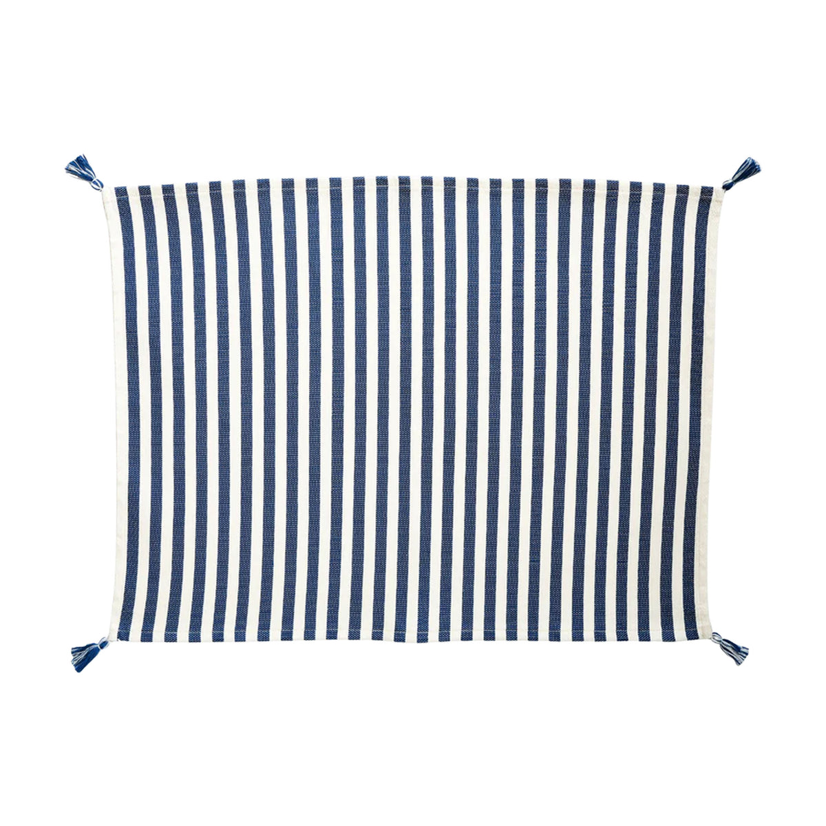 Front view of Vera Stripe Placemat in Blue showcasing blue and white stripes and corner tassels with a white background
