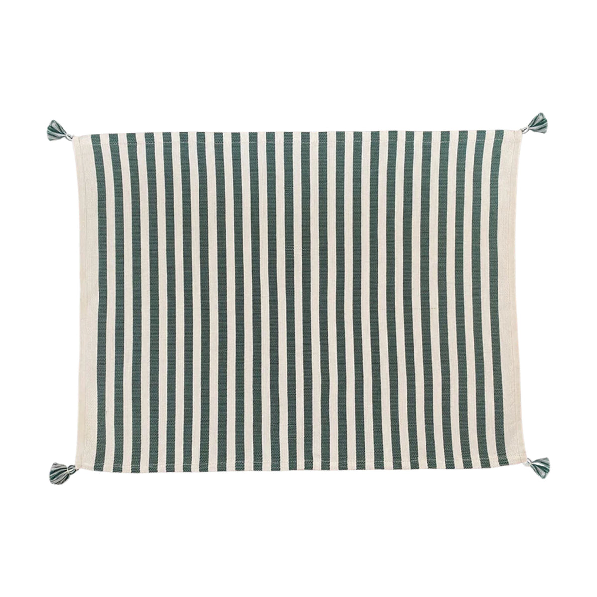 Front view of Vera Stripe Placemat in Green showcasing green and cream vertical stripes and corner ties with a white background