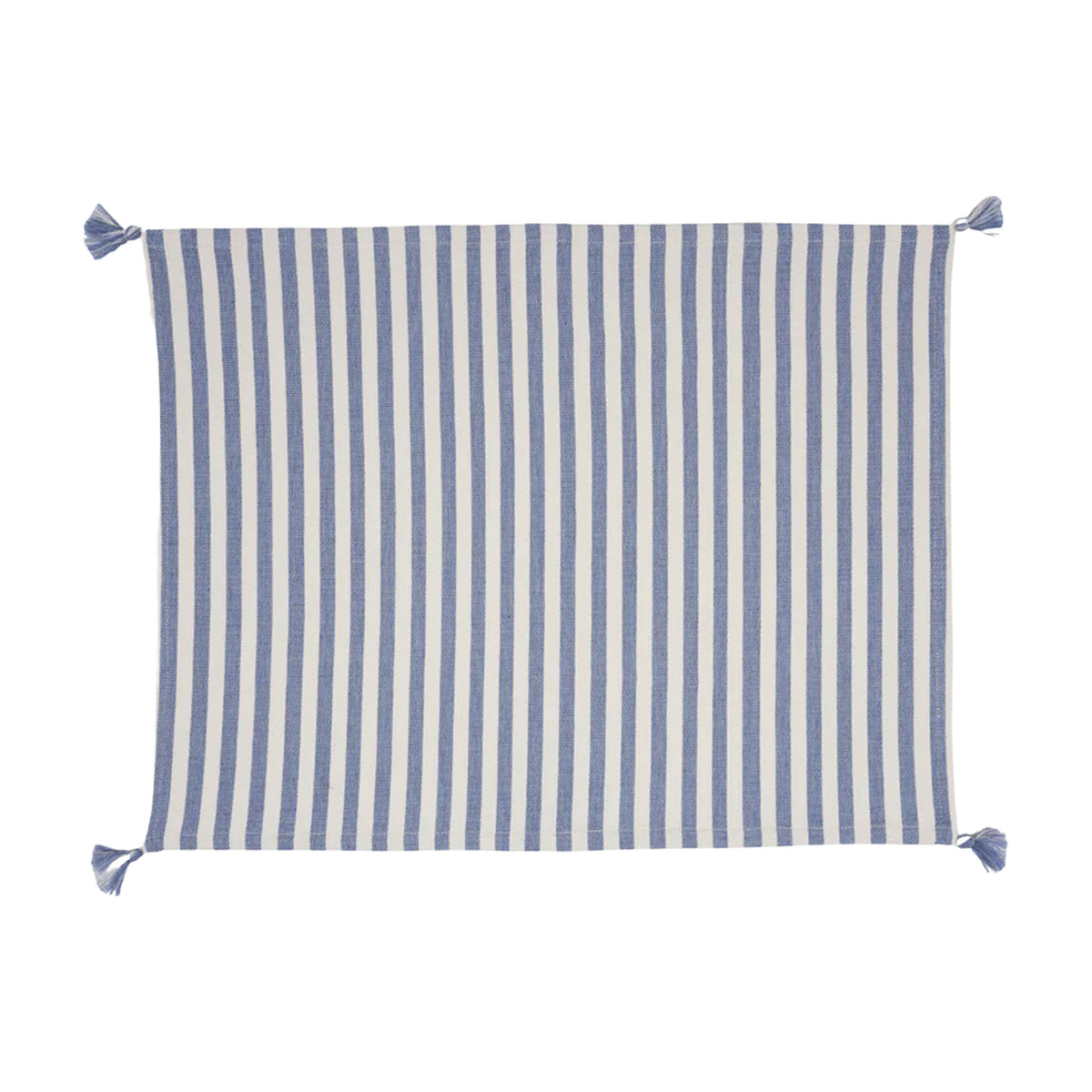 Flat lay of Vera Stripe placemat showcasing vertical light-blue stripes and tassels at each corner on a white background