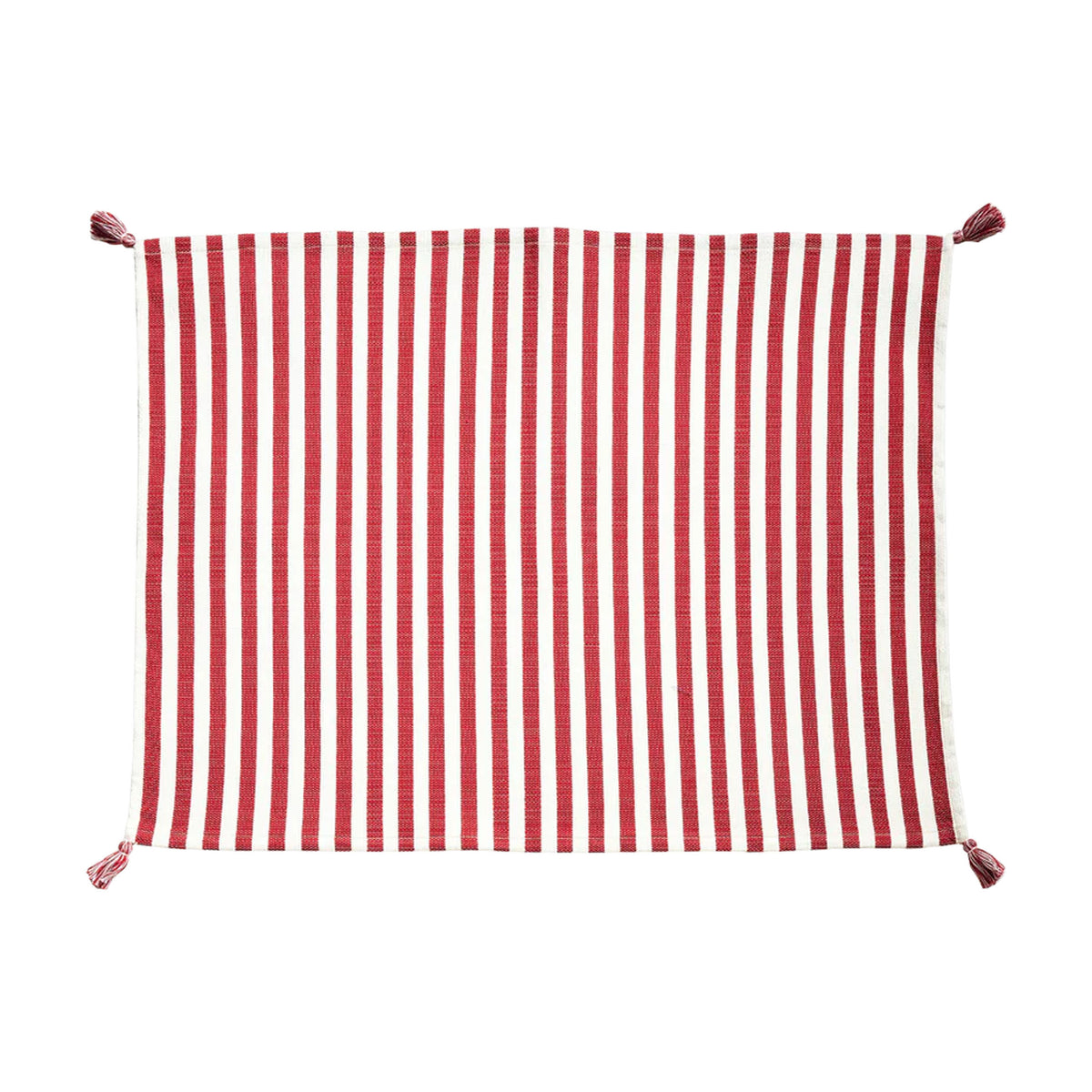 Front view of Vera Stripe Placemat in Red showcasing red and white vertical stripes and corner tassels with a white background