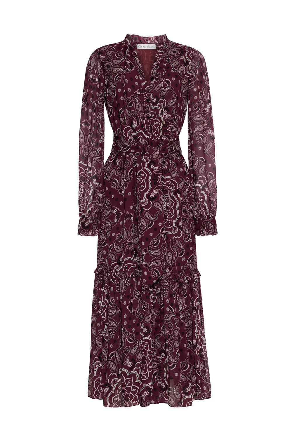 Front view of Verity Dress in Bandana Plum showcasing paisley print, tie waist, and tiered skirt against white background